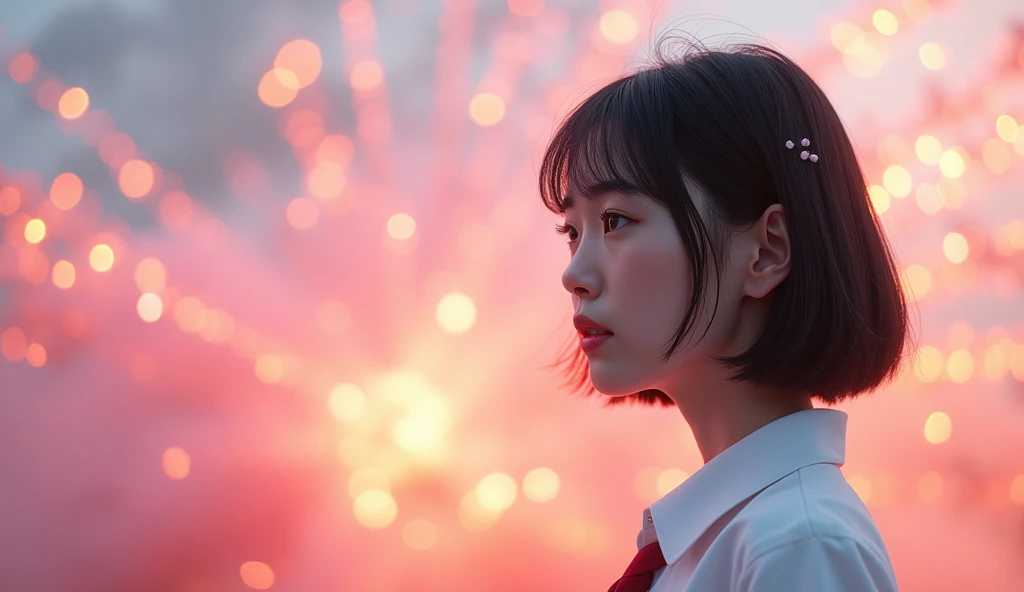 Create an explosive and visually dynamic Photo painting realistic "A full side 
 portrait of a young Chinese woman who fell sad and absent-minded., lonely love in a fantastic environment in Japan "technique": "Use pastel colors and ethereal atmospheres to ...