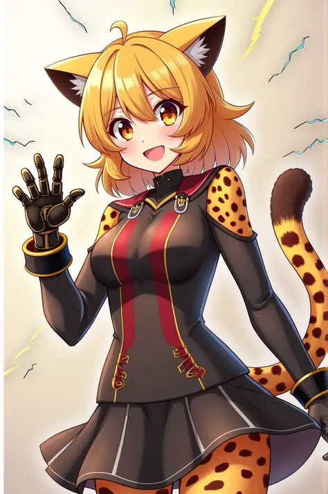 Anime girl with a cheetah robot hand and a cheetah tail, has electric powers, and reddish yellow eyes. 