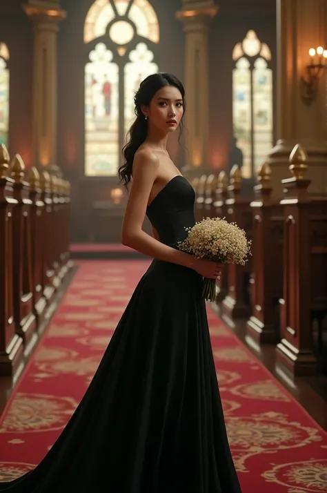 A beautiful woman wearing a black dress at her wedding ceremony, holding flowers