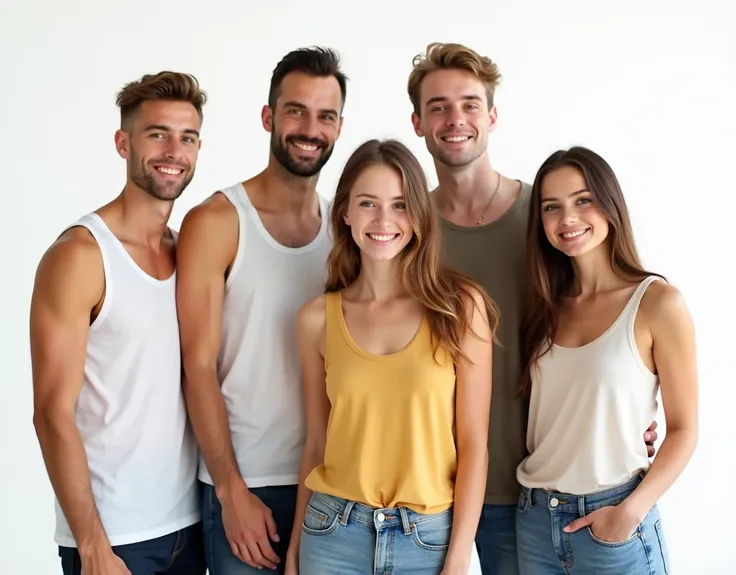 Photo of a teenage girl in blank background fashion and her male and female friends. Everyone is wearing a tank top