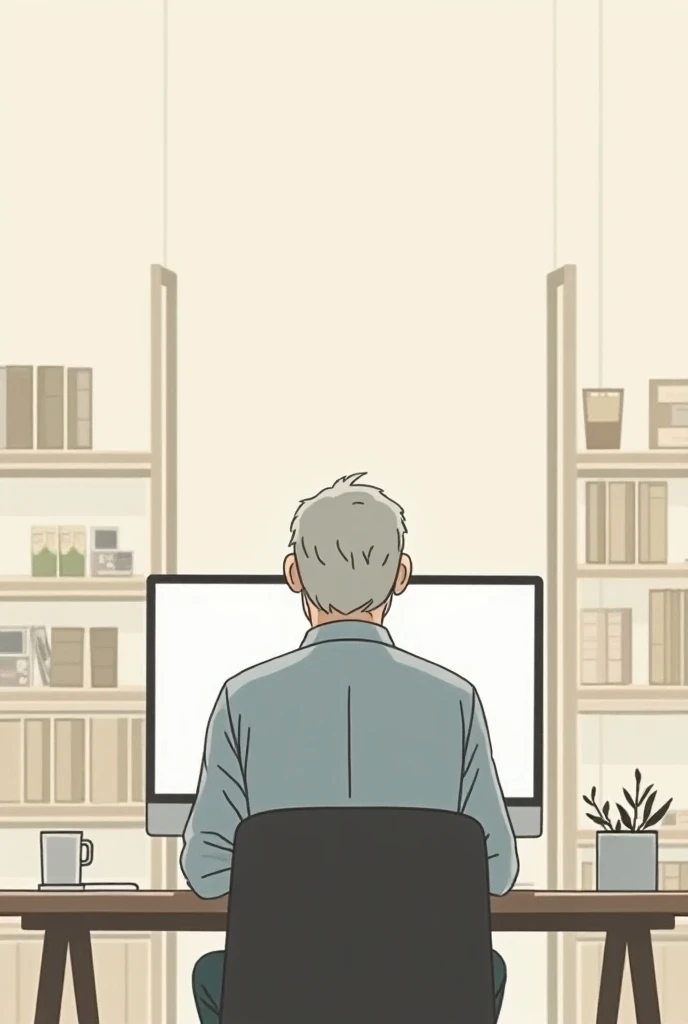 An elderly Japanese man facing his computer 。
 installs a bookshelf in the background
Dont install a hanging scroll。Rear view,  modern minimalist illustration, 