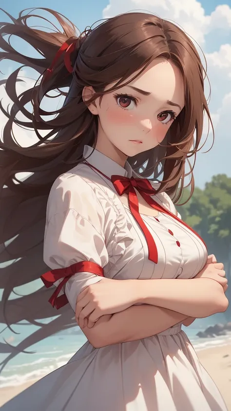 1 female, brown hair ,Red Ribbon ,((An impatient look)), Beautiful Breasts , white shirt , Red Dress ,Good style,,( Forward )((( Rosy cheeks 、  awkward expression  )),((( This dress was blown by the wind )))