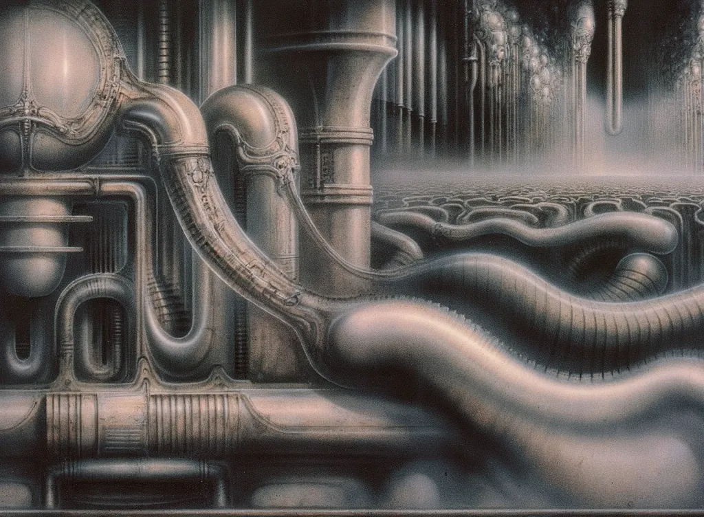 h. r. giger's g1g3r, , giger_style, the image is a detailed view of h.r. giger's \" ny city  \" plate, featuring h r giger's bio...