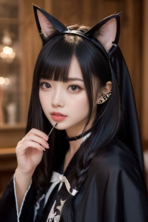 BREAK, Fashion: (Black robe adorned with cat motifs, a witch’s attire imbued with magical power:1.4),
, BREAK, Accessories: (Cat ears and tail accessories enhancing the witch’s charm:1.3),
, BREAK, Makeup: (Makeup resembling cat eyes, creating a mysterious...