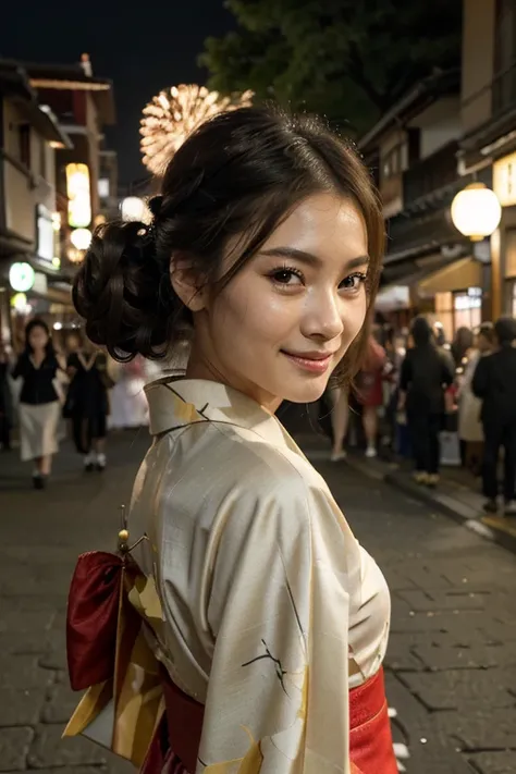 (((top quality, 8k, masterpiece))), crisp focus, (beautiful woman with perfect figure), slender, (hairstyle: up)), ((kimono: Kara)), street: 1.2 Highly detailed face and skin texture Detailed eyes Double eyelids random posture, (smile),super cute Japan per...