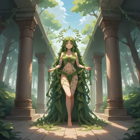 score_9, score_8_up, score_7_up, 2d, anime style, temple background, greek tones, greek god. A dryad woman. majestic figure with long, flowing green vine-like hair intertwined with vines and leaves. Her eyes shimmer like emeralds, reflecting the life of th...