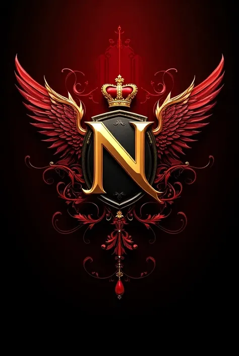 This is a striking emblem featuring a large, golden "N" with a crown on top, decorated with wings and surrounded by red and gold ornamental elements. The design has a regal, luxurious feel, with elements that suggest royalty and power. The vibrant red and ...