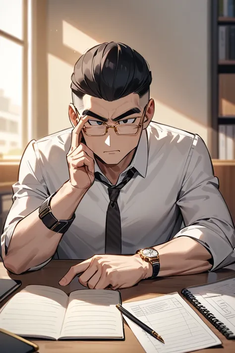 Drawing on the style of the Dragon Ball game， Draw a man wearing glasses working in an office。 with a refined image ，Gold rimmed glasses， with a luxury watch，On the front is a notebook 。