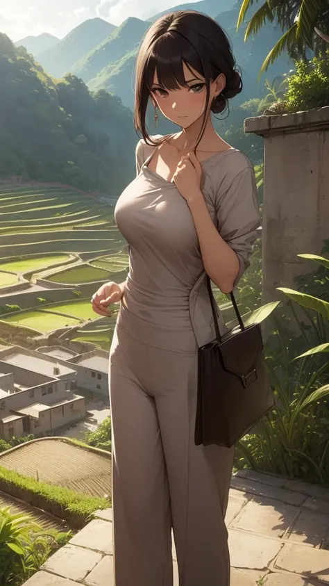  Holding a designer bag , (Grow rice )  to a standing (bend over), ( one-piece work suit ) Stylish,  Mature Women , /( dark hair/)  bangs,  Blushing , ( masterpiece best quality :1.2)  exquisite illustrations supene , Big breasts, (  towel hang around neck...