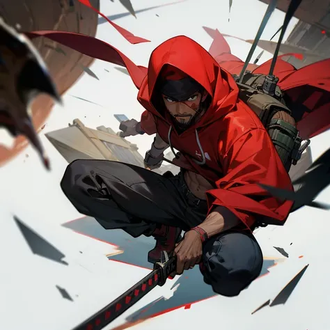 Black american man of the age of 38 with a red cap and a red hoodie with "TAC" written on the hoodie and some facial hair. The American black man has a katana sword and he is surrounded by garbage. He is about to battle the large recycle monster.