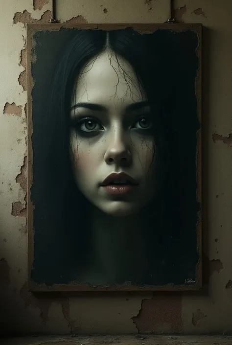 A close-up of a decaying portrait of a woman on the wall, her eyes seemingly following the viewer with a sinister gaze.
