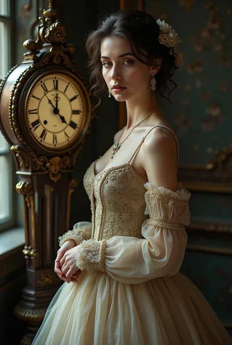 Femme magnifique dans une robe vintage a coter d’une horloge vintage