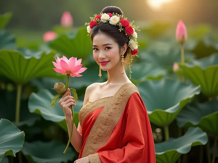 arafed woman in a traditional Thai style dress holding a flower garland, sukhoThai style costume, traditional beauty, Thai styleland art, Wear luxurious clothes, Wear elegant clothes, Wear a luxurious silk dress, Southeast Asia that has existed for a long ...