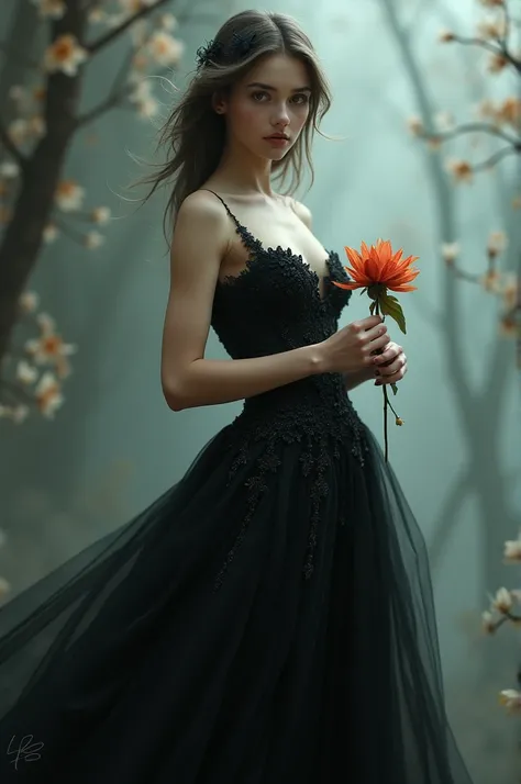 A beautiful woman wearing a black wedding dress, holding a flower