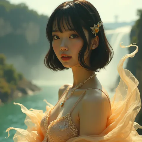 Cinematic-style photograph, upper body of a young beautiful porcelain-skinned spectral glow Japanese woman, bareshoulders, cleavage, smile, partially legs submerged in golden powdered scattering cloud with intense, expressive hourglass body peering above t...