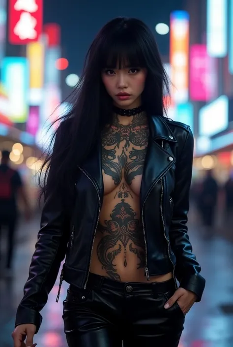 "A stunning Asian female model with long, flowing black hair and intricate tattoos covering her arms and torso walks down a neon-lit city street. Her eyes gleam with a fierce intensity as she strides confidently, her black leather jacket and pants a perfec...