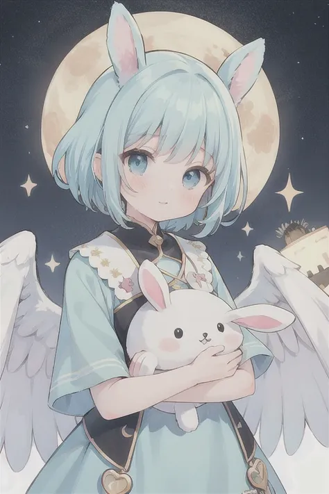 Top Quality, Masterpiece, Ultra High Resolution, Pretty Facial Features, Flat Design, Gawr Gura, Gawr Gura as magical girls with wings, holding a bunny-stuffed animal with both hands close to chess, perfect face, Gawr Gura with short hair,simple background...