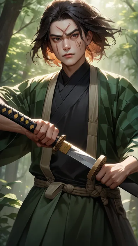 A realistic portrait of a young man inspired by a famous Japanese anime character, featuring short, wavy dark hair with a hint of reddish tint, and large, expressive dark eyes that convey determination and kindness. He has a distinct scar on his forehead a...