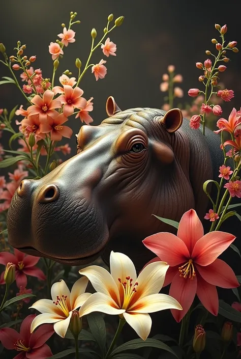 
a vintage head study of a hippopotamus, side view,  in a lavish background of blooming lilies, gypsophila and orchird, glamour glow, studio lighting, stately portrait, bright colors, deep black background, fisheye effect, romantic setting.