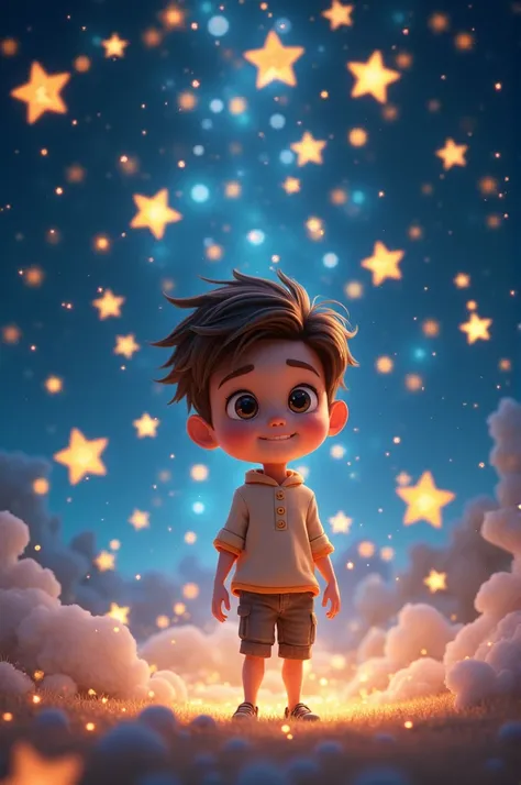 A boy surrounded by stars, animated, attractive, bright
