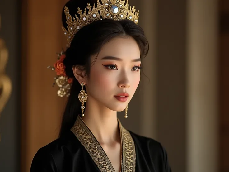 Close-up of a woman in a black dress and a crown on her head., traditional beauty, Sukhothai dress, Dilraba Dilmurat, beautiful goddess, Beautiful Fantasy Empress, beautiful oriental woman, Thai girl anime, Southeast Asia that has existed for a long time, ...