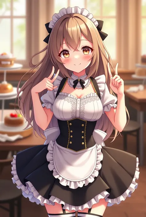 A stunning anime-style illustration of a charming young maid in a luxurious, high-end café setting. She has long, wavy light brown hair with gentle highlights, adorned with a classic white lace headpiece. Her outfit is a sophisticated and detailed maid uni...