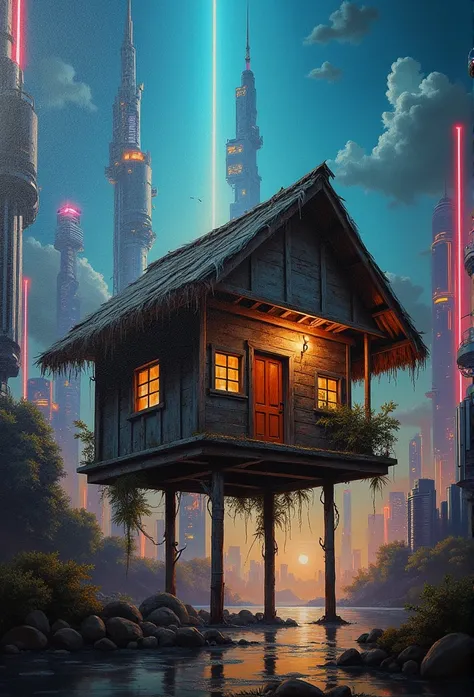 oil painting portrait of an old Filipino Bahay Kubo suddenly appeared in the middle of modern skyline with bright neon lights etc.