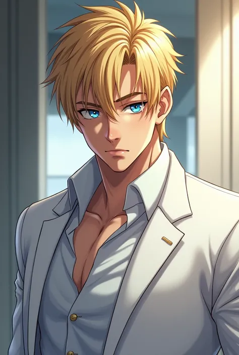 Anime of a seductive blond man with a cold eye with blue eyes in a white suit with short hair of a superb character