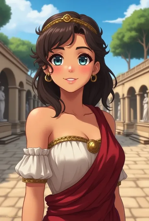 "Create a realistic anime-style portrait of a young Roman woman in her twenties with natural beauty. She has dark brown hair adorned with a small decorative crown, deep blue eyes, and rosy cheeks. She wears a traditional toga with a modest neckline, comple...