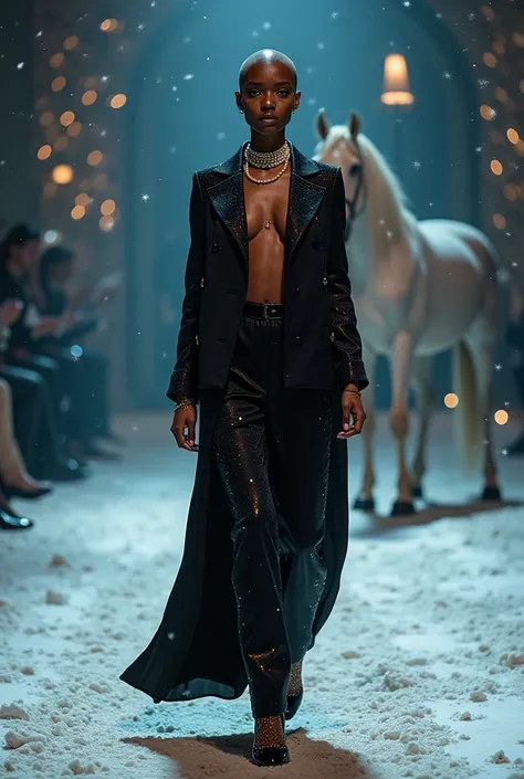 fashion show photo，fully body photo，Black model with freckles and bald head，Supermodel,（Chanel style clothing），pearls necklace，Beautiful high heels，opulent，Flowing trousers，inside in room：Catwalk scene，(Snowflakes in the background,Mare,，As estrelas),Long-...