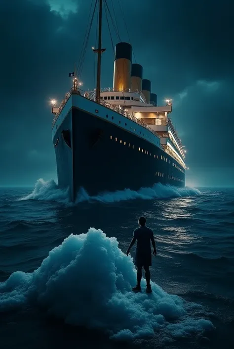 Messi is in titanic ship, there is a ice in front of titanic ship, in Ocean, and messi trying to jump 