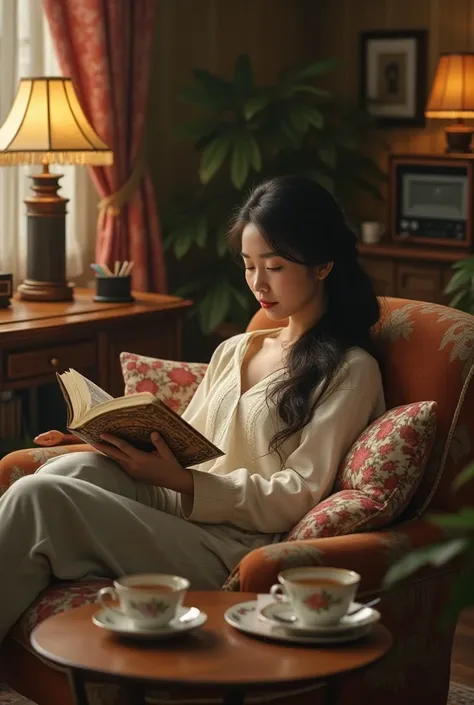  I draw an image of a young East Asian woman sitting in a cozy chair 。,  Vintage-style living room with warm indirect lighting.  with a peaceful atmosphere at the scene 、Im reading a novel book .  The room is furnished with wooden furniture , Floral cushio...