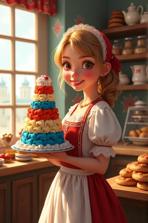 Cake bake shop with Russian girl. Russian flag cake. 