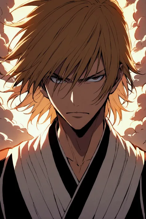 Man with long curly light brown hair ,    in shinigami outfit like Ichigo Kurosau manga Bleach 