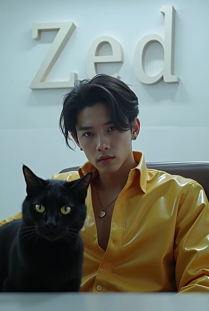 (photorealism:1.2), handsome man , kpop idol style and clothing, sitting on basement chair, with the name ZED on the background, mafia theme, with a dangerous animal sitting on his lap, his looks should be like enhypen any members