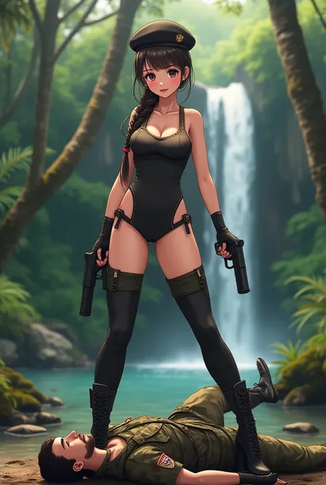 (SFW, Photo Realistic Anime, 4K, HD) Young, tall beautiful Filipina supermodel OL, lovely doe eyes, sexy teasing smile, braided pigtail hairstyle, wearing a very sexy, skimpy BLACK camouflage Cammy White leotard costume ((skimpy high cut BLACK sexy tight C...