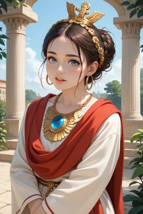 "Create a realistic anime-style portrait of a young Roman woman in her twenties with natural beauty. She has dark brown hair adorned with a small decorative crown, deep blue eyes, and rosy cheeks. She wears a traditional toga with a modest neckline, comple...