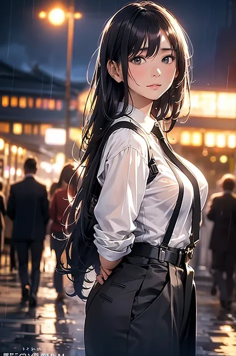  Woman in a Suit , belt, Hands on back,  is sweating,  suspenders,  black pants ,  big breasts at the temple, see-through clothing, rain, Detective,  office worker ,  white button up shirt, ( best quality,4K,8k, high definition,masterpiece:1.2),Ultra-detai...