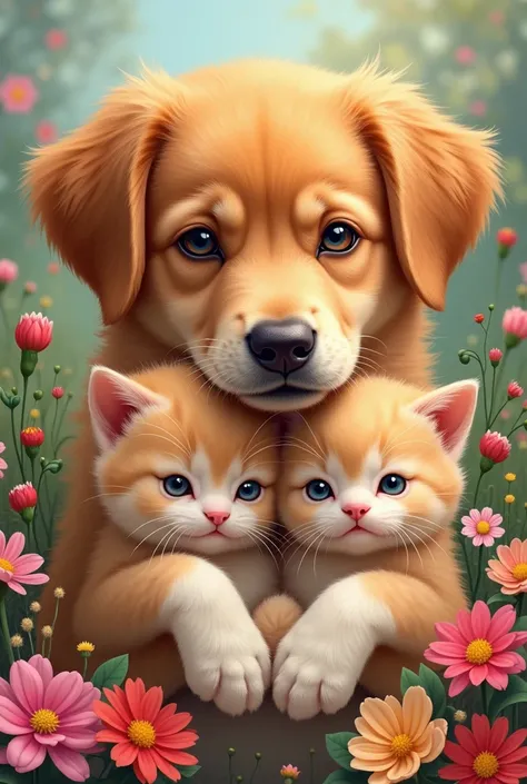 painting of a dog holding a bunch of 子cat and flowers, cute cat, cute 子cat, Cute Animals, Very real, 子cat,  cute detailed artwork , cat , Lots of flowers, very Very real, Beautiful art, Cute and lovely,  cute and makes me want to hug them,  cute digital ar...