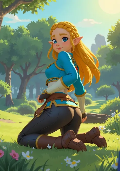 [princess zelda], [botw style], ((masterpiece)), ((HD)), ((high res)), ((solo portrait)), (((back view)), (detailed shading)), ((cute cartoon aesthetic)), ((solo portrait)), ((front view)), ((cel shading)), {(attractive figure), (yellow braided hair), (poi...