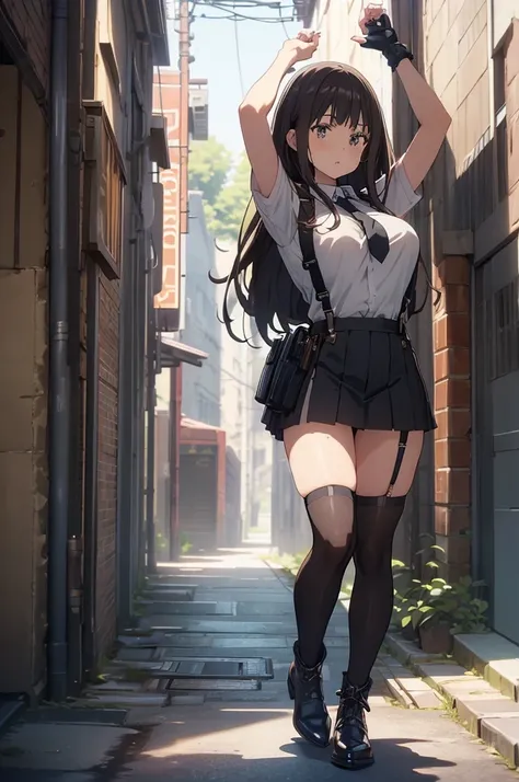 Brown hair、watching at viewers　　　black suspenders　　　Bulging big breasts　　 　 　　　walls: 　Black miniskirt　garters　　　　　　Gaze　　　Small face　bangss 　　　holster　　　Beautuful Women　　hands up　　レッグholster ベッドに横たわる　　Gaze 　black boots panty shot　provocation　flank　flank汗　...