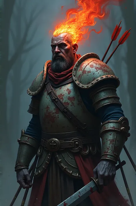 Man, wearing light crusty armour, get shot by arrows in the chest, holding a crusty dagger with bleeding hand, head get replaced by dark red flame, dark blue skin