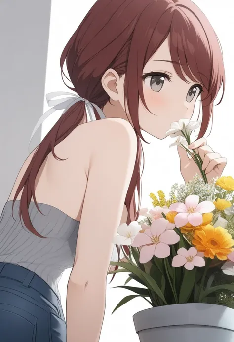 1girl, solo, dark red hair, low twin tails, white ribbons, gray eyes, swept bangs, small breasts, toned arms from behind,looking away, close-up, bare shoulders, loose ribbed gray strapless shirt, jeans, side view, back covered by hair, smelling flowers, le...