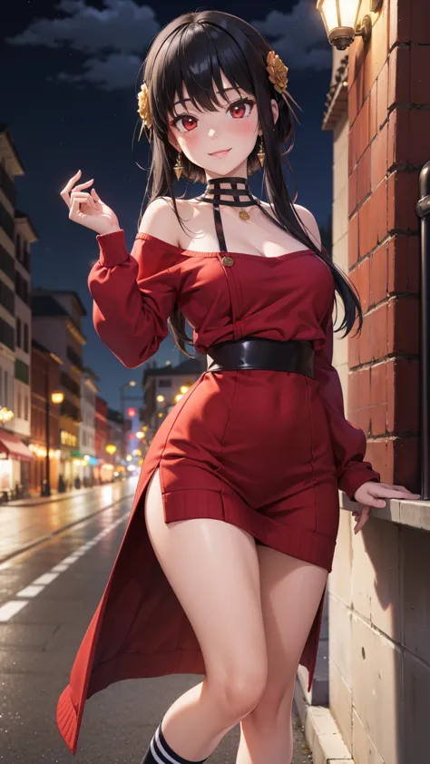  masterpiece , ultra detail,  lyrics, 8k pixels, blush, bright eyes, Standing,  outdoor , smile, (Evening:1.5),  slim body,  narrow waist ,  medium breasts,your bramble, long hair,  black hair , red eyes, off the shoulder, red sweater dress , socks, earrin...