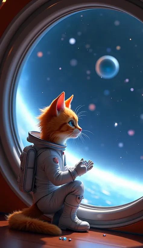 "Astro, a 16-year-old orange cat with a spiky mane and brooding blue eyes, still wearing his sleek white spacesuit and white boots, sits by a large window inside his spaceship. Background  A scene of a starry galaxy appears outside, with planets and distan...