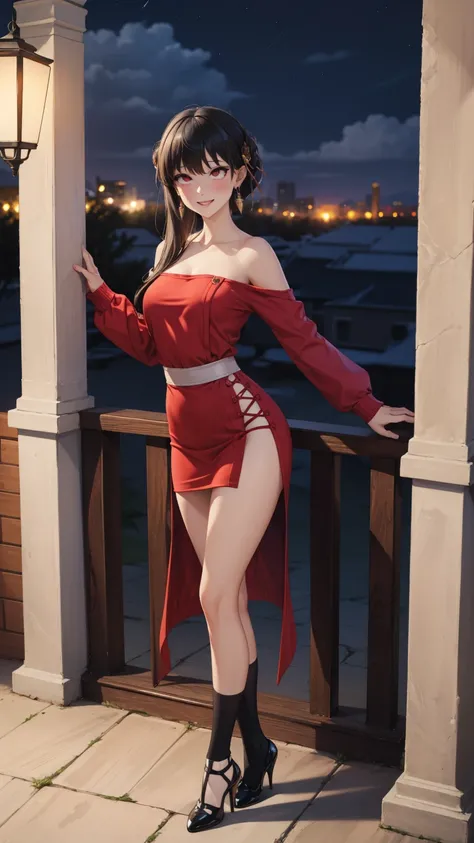  masterpiece , ultra detail,  lyrics, 8k pixels, blush, bright eyes, Standing,  outdoor , smile, (Evening:1.5),  slim body,  narrow waist ,  medium breasts,your bramble, long hair,  black hair , red eyes, off the shoulder, red sweater dress , socks, earrin...