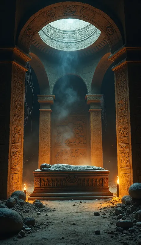 The interior of a dark, dusty tomb filled with hieroglyphs. Flickering torchlight reveals intricate carvings depicting scenes of death and the afterlife. An ornate sarcophagus lies in the center, surrounded by cobwebs, while skeletal remains and ancient ar...