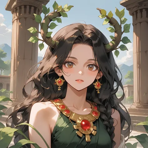 score_9, score_8_up, score_7_up, 2d, anime style, greek temple background, greek tones, greek god, mount olympus. A dryad woman. majestic figure with long, flowing green vine-like hair intertwined with plants. Her eyes shimmer like emeralds, reflecting the...