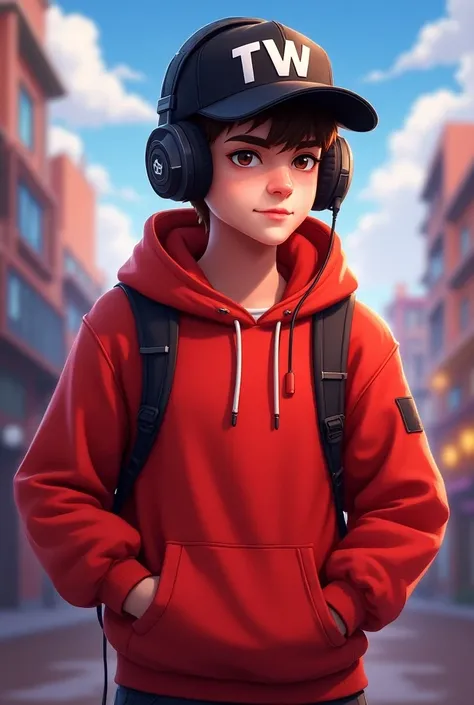 Young man character from Free Fire Gamer style with red sweatshirt and headphones with black cap with the tw on the cap and sweatshirt red sweatshirt black and red cap 