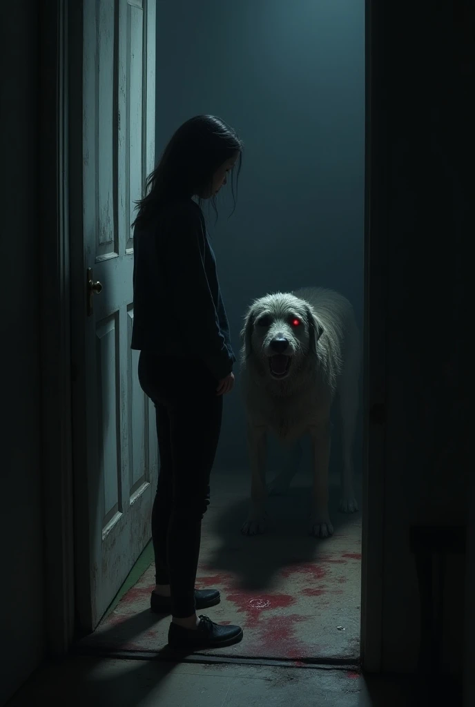 The door is now fully open. Riya stands at the doorway, staring at her dog, Tommy, who is standing in front of her, panting heavily. Tommys fur is matted with dirt and blood, and his glowing eyes are unnatural, reflecting in the dim light. Riya’s expressio...